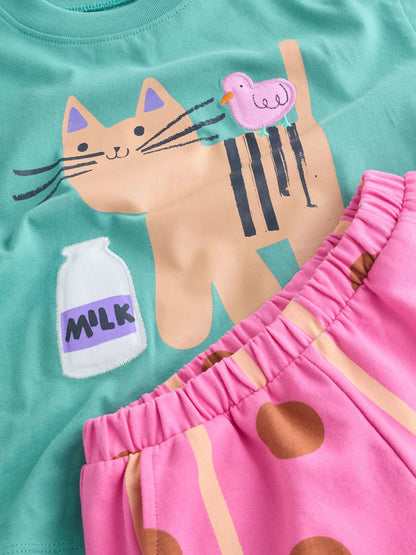 |Girl| Conjunto de Camiseta de Manga Curta "Green Cat" e Calça Modelagem Barrel (3 meses a 7 anos)
