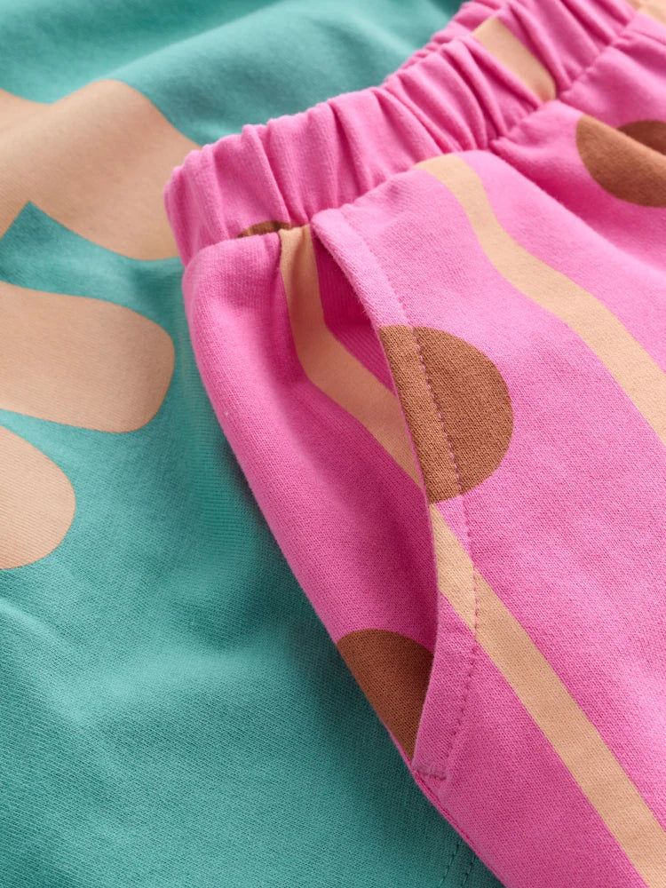 |Girl| Conjunto de Camiseta de Manga Curta "Green Cat" e Calça Modelagem Barrel (3 meses a 7 anos)
