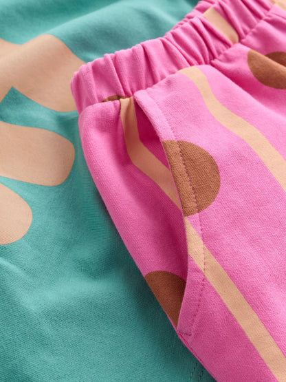 |Girl| Conjunto de Camiseta de Manga Curta "Green Cat" e Calça Modelagem Barrel (3 meses a 7 anos)