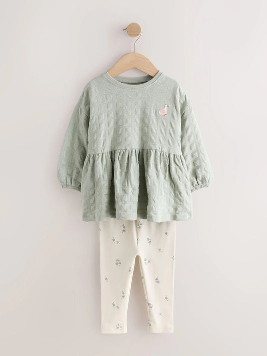 |Girl| Conjunto de blusa texturizada de manga longa e legging verde-sálvia (3 meses a 7 anos)