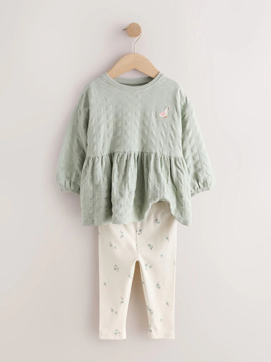|Girl| Conjunto de blusa texturizada de manga longa e legging verde-sálvia (3 meses a 7 anos)
