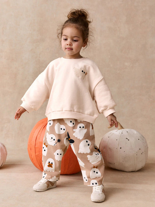 |Girl| Conjunto de Moletom e Calça Barrel Bege com Estampa de Fantasma (3 meses a 7 anos)