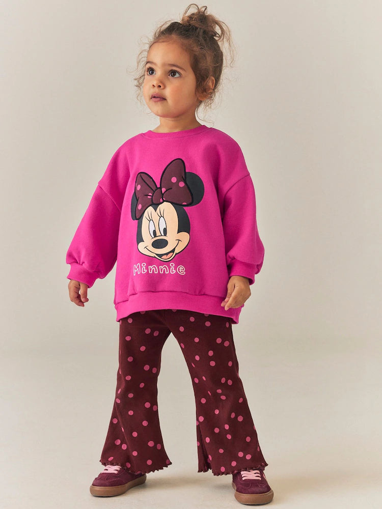 |Girl| Conjunto de Moletom com Estampa de Poá e Calça Flare Minnie Mouse – Rosa-Berry (6 meses a 7 anos)