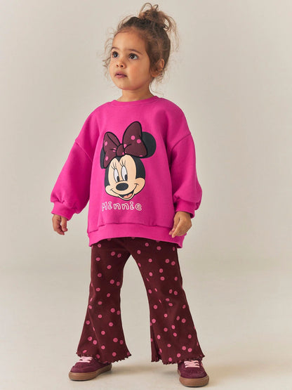 |Girl| Conjunto de Moletom com Estampa de Poá e Calça Flare Minnie Mouse – Rosa-Berry (6 meses a 7 anos)
