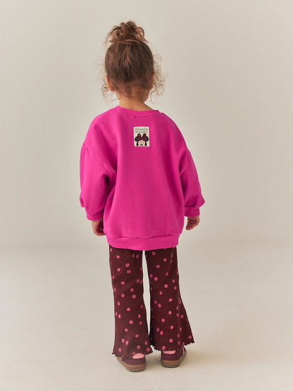 |Girl| Conjunto de Moletom com Estampa de Poá e Calça Flare Minnie Mouse – Rosa-Berry (6 meses a 7 anos)