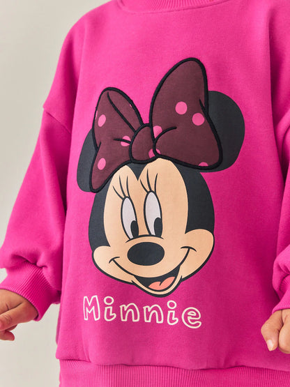 |Girl| Conjunto de Moletom com Estampa de Poá e Calça Flare Minnie Mouse – Rosa-Berry (6 meses a 7 anos)