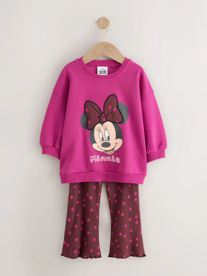 |Girl| Conjunto de Moletom com Estampa de Poá e Calça Flare Minnie Mouse – Rosa-Berry (6 meses a 7 anos)