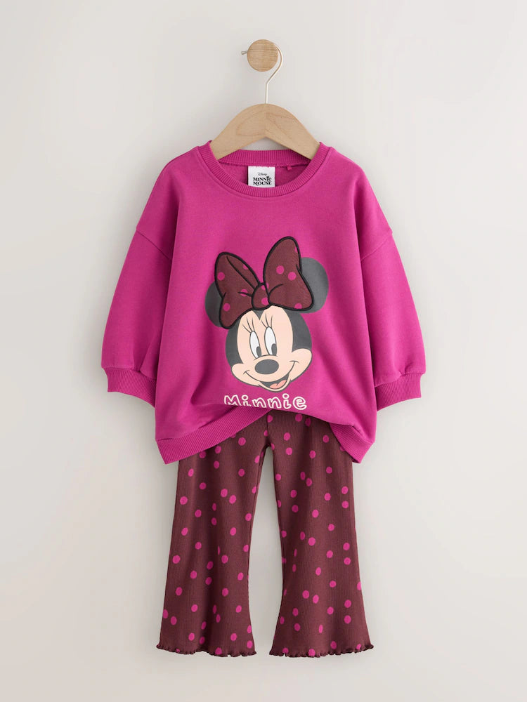 |Girl| Conjunto de Moletom com Estampa de Poá e Calça Flare Minnie Mouse – Rosa-Berry (6 meses a 7 anos)