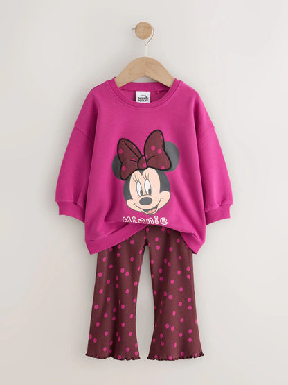 |Girl| Conjunto de Moletom com Estampa de Poá e Calça Flare Minnie Mouse – Rosa-Berry (6 meses a 7 anos)