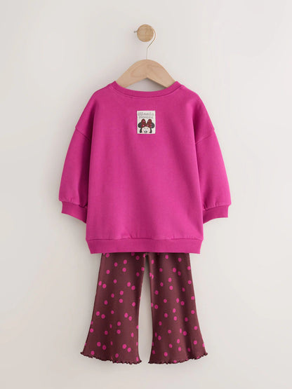 |Girl| Conjunto de Moletom com Estampa de Poá e Calça Flare Minnie Mouse – Rosa-Berry (6 meses a 7 anos)