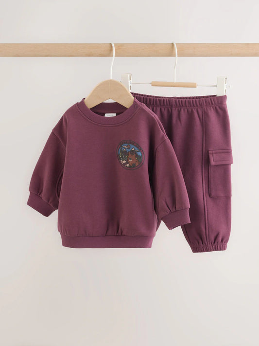 |BabyBoy| Conjunto de Moletom e Calça Jogger com Estampa de Urso – Vermelho-Bordô (0 meses a 2 anos)