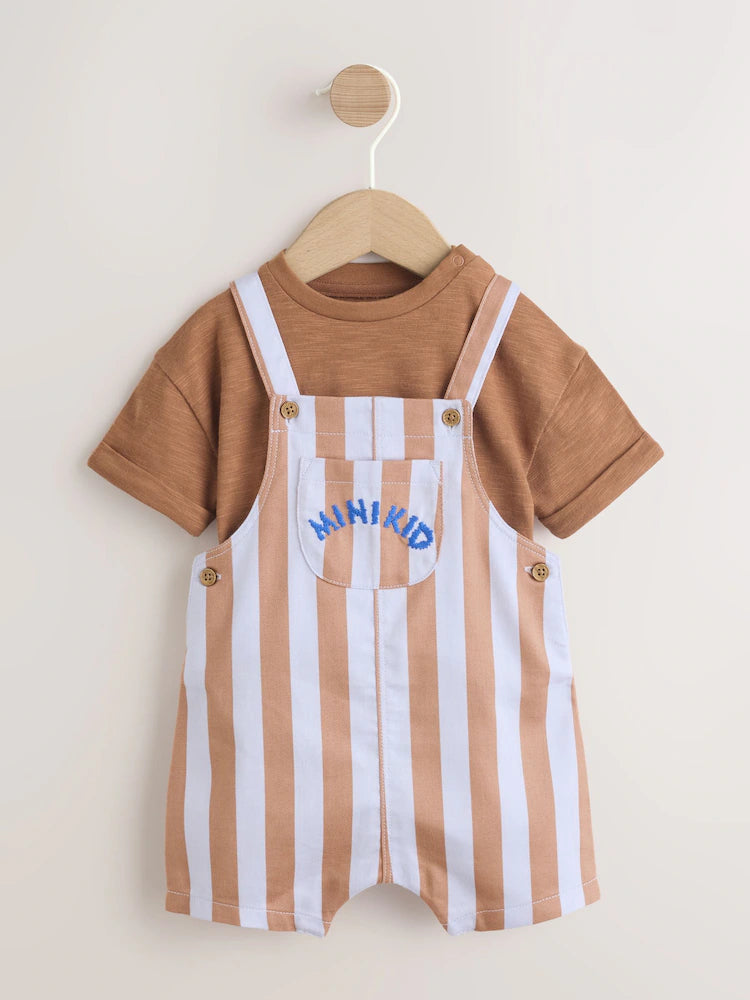 |BabyBoy| Conjunto De Jardineira e Body Listrados Em Sarja Marrom Ferrugem Para Bebês (0 meses a 2 anos)