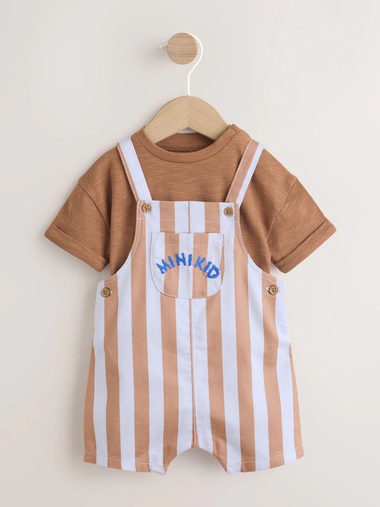 |BabyBoy| Conjunto De Jardineira e Body Listrados Em Sarja Marrom Ferrugem Para Bebês (0 meses a 2 anos)
