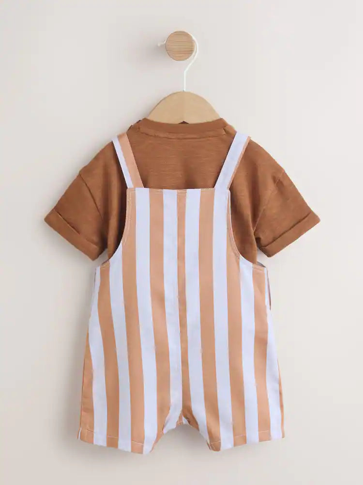 |BabyBoy| Conjunto De Jardineira e Body Listrados Em Sarja Marrom Ferrugem Para Bebês (0 meses a 2 anos)