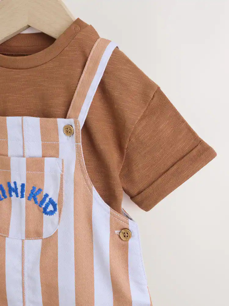 |BabyBoy| Conjunto De Jardineira e Body Listrados Em Sarja Marrom Ferrugem Para Bebês (0 meses a 2 anos)