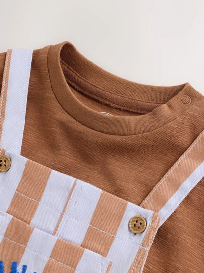 |BabyBoy| Conjunto De Jardineira e Body Listrados Em Sarja Marrom Ferrugem Para Bebês (0 meses a 2 anos)