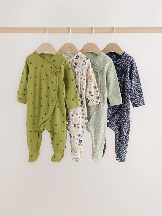 |BabyGirl| Kit com 4 Macacões Envelope Para Bebê com Estampa Floral Verde (0 meses a 2 anos)