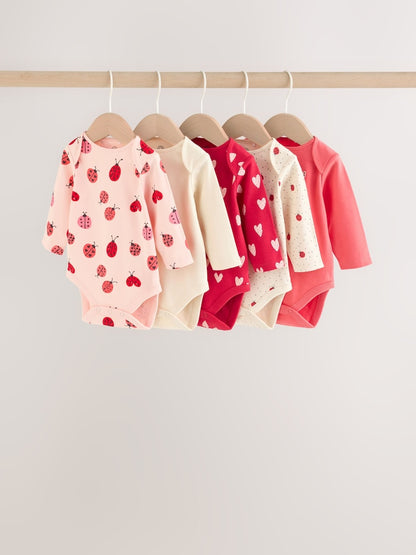 |BabyGirl| Kit com 5 Bodies de Manga Longa para Bebê – Estampa de Joaninha Vermelha