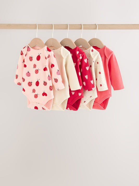 |BabyGirl| Kit com 5 Bodies de Manga Longa para Bebê – Estampa de Joaninha Vermelha