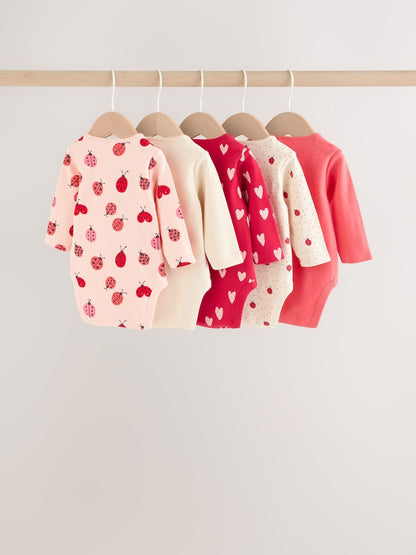 |BabyGirl| Kit com 5 Bodies de Manga Longa para Bebê – Estampa de Joaninha Vermelha