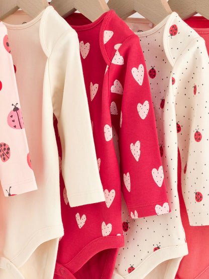 |BabyGirl| Kit com 5 Bodies de Manga Longa para Bebê – Estampa de Joaninha Vermelha
