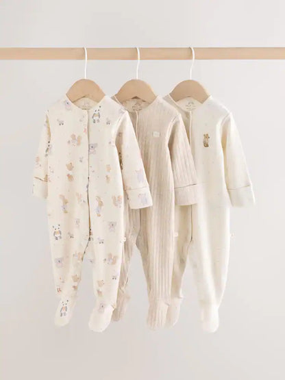 |BabyBoy| Kit Com 3 Macacões De Bebê Com Estampa de Animais (Cores Neutras) – 0 a 2 Anos