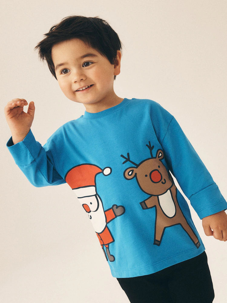 |Boy| Camiseta de Natal de Manga Longa com Papai Noel Azul e Rudolph (3 meses a 7 anos)