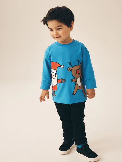 |Boy| Camiseta de Natal de Manga Longa com Papai Noel Azul e Rudolph (3 meses a 7 anos)
