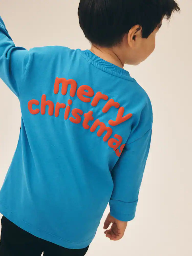 |Boy| Camiseta de Natal de Manga Longa com Papai Noel Azul e Rudolph (3 meses a 7 anos)