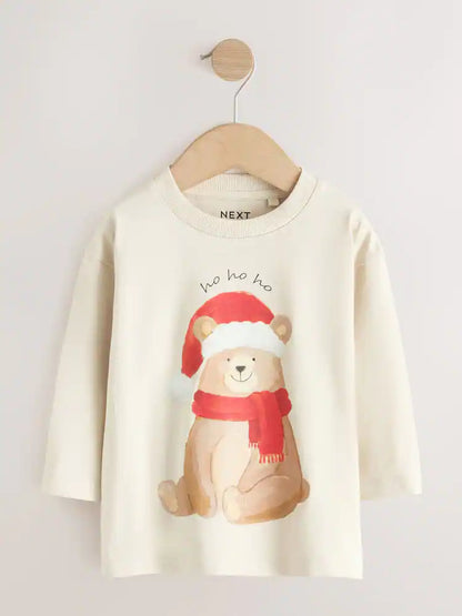 |Boy| Camiseta de Natal de Manga Longa com Estampa de Urso Creme e Gorro de Papai Noel (3 meses a 7 anos)