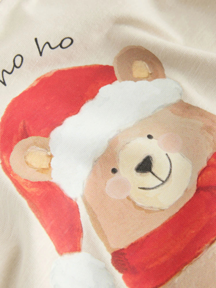 |Boy| Camiseta de Natal de Manga Longa com Estampa de Urso Creme e Gorro de Papai Noel (3 meses a 7 anos)
