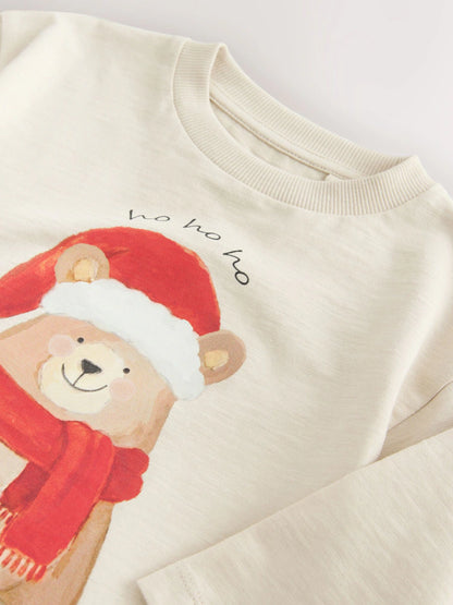 |Boy| Camiseta de Natal de Manga Longa com Estampa de Urso Creme e Gorro de Papai Noel (3 meses a 7 anos)