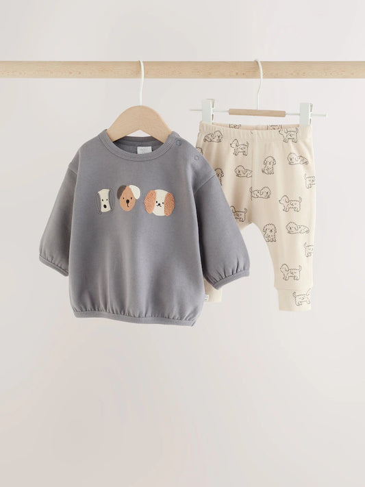 |BabyBoy| Conjunto de Moletom e Legging Cinza com Estampa de Cachorros para Bebês (0 meses a 2 anos)