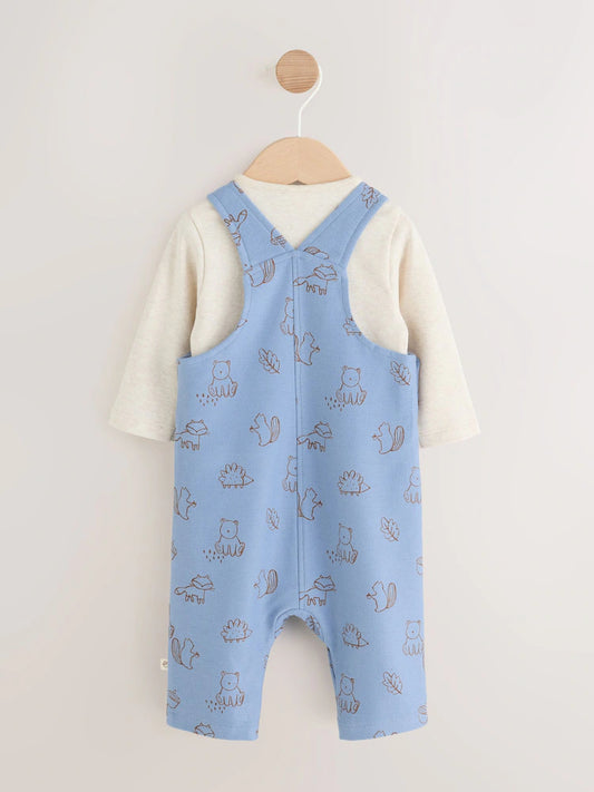 |BabyBoy| Conjunto de Bebê: Jardineira de Malha e Body com Estampa Linear de Personagens (Azul) (0 meses a 2 anos)