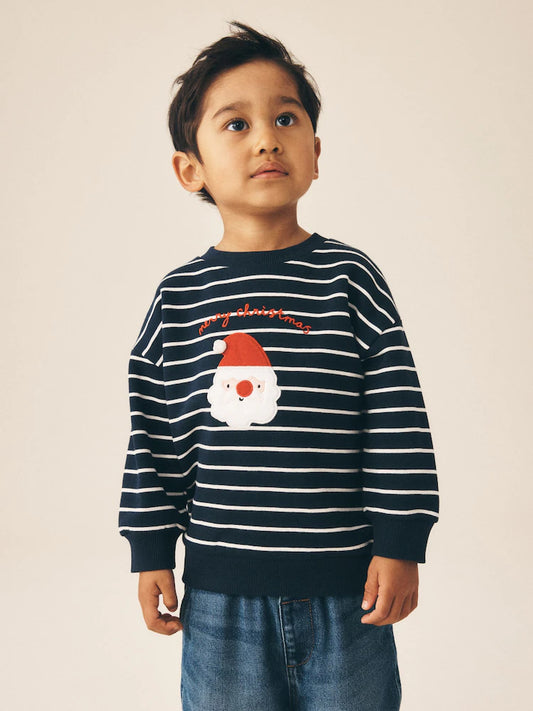 |Boy| Moletom Azul-Marinho Listrado com Estampa de Papai Noel e Gola Careca (3 meses a 7 anos)