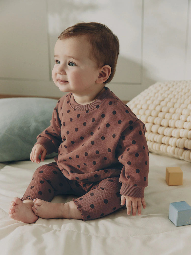 |BabyGirl| Conjunto De Moletom e Legging Para Bebê Com Estampa De Bolinhas Marrom Chocolate (2 peças, de 0 meses a 2 anos)