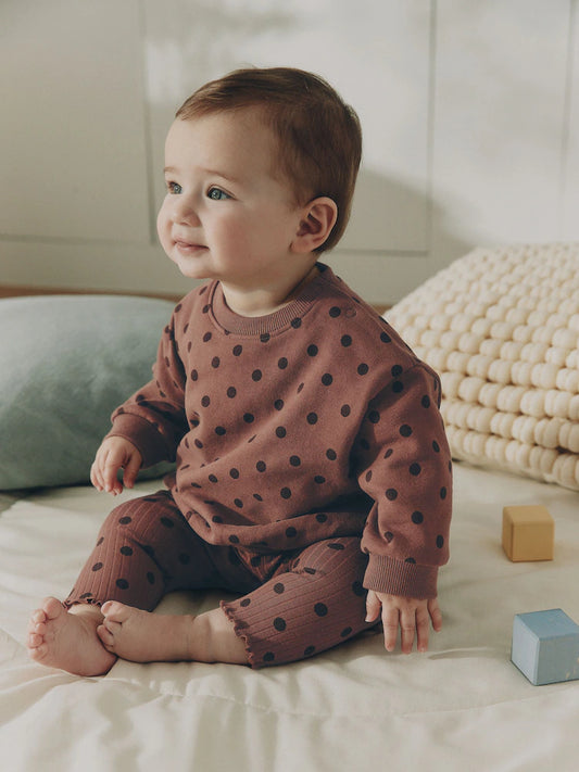 |BabyGirl| Conjunto De Moletom e Legging Para Bebê Com Estampa De Bolinhas Marrom Chocolate (2 peças, de 0 meses a 2 anos)