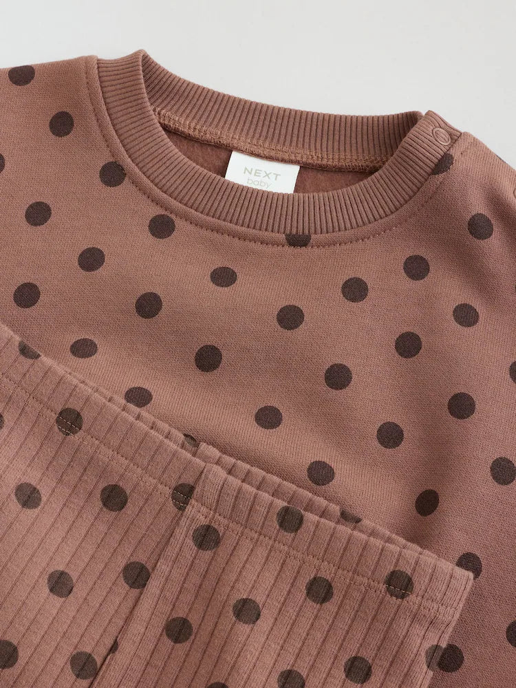 |BabyGirl| Conjunto De Moletom e Legging Para Bebê Com Estampa De Bolinhas Marrom Chocolate (2 peças, de 0 meses a 2 anos)