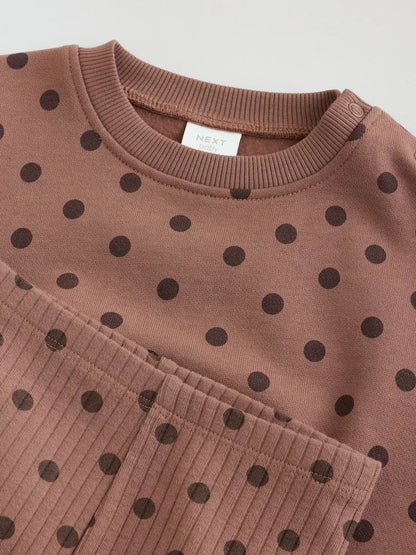 |BabyGirl| Conjunto De Moletom e Legging Para Bebê Com Estampa De Bolinhas Marrom Chocolate (2 peças, de 0 meses a 2 anos)