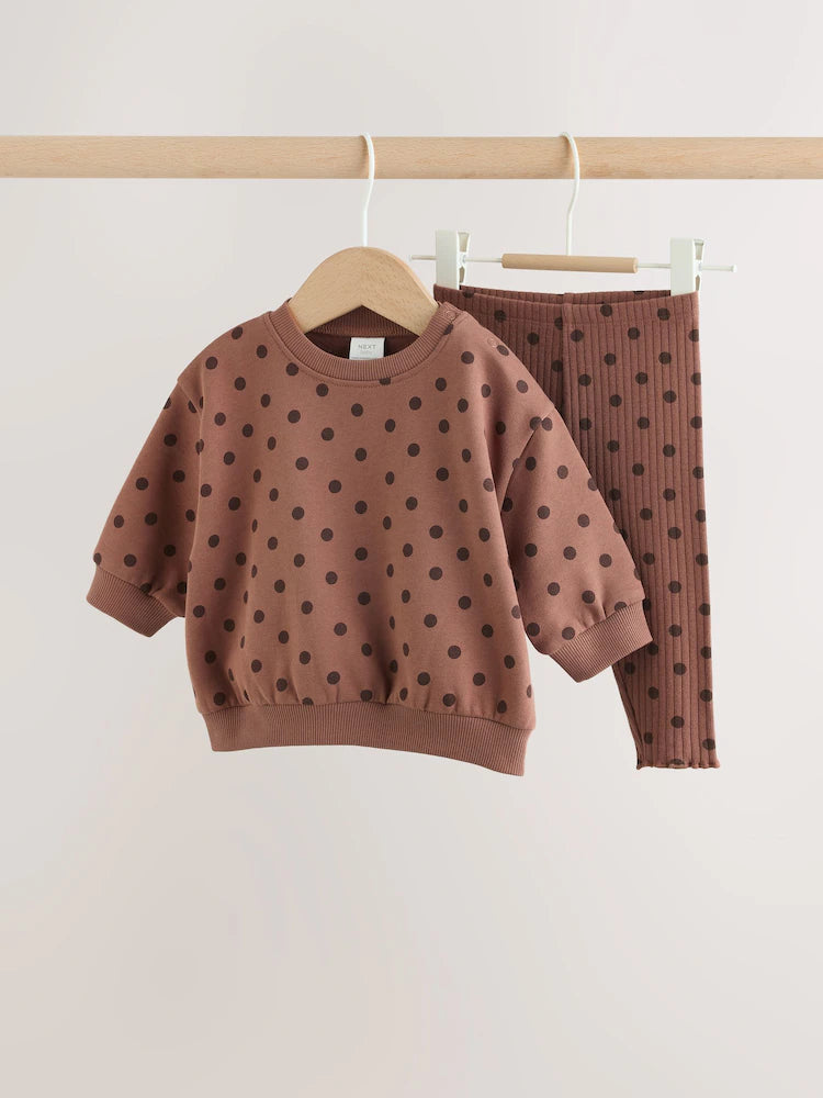 |BabyGirl| Conjunto De Moletom e Legging Para Bebê Com Estampa De Bolinhas Marrom Chocolate (2 peças, de 0 meses a 2 anos)