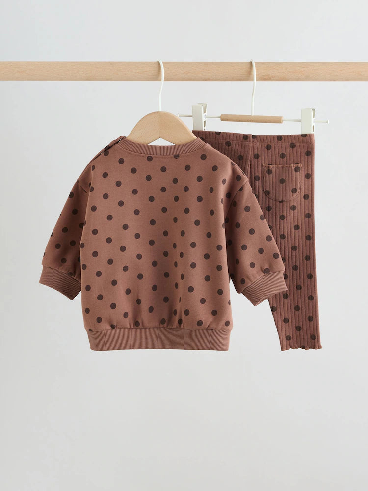 |BabyGirl| Conjunto De Moletom e Legging Para Bebê Com Estampa De Bolinhas Marrom Chocolate (2 peças, de 0 meses a 2 anos)