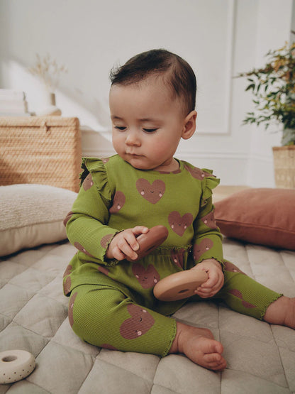 |BabyGirl| Conjunto de Bebê com Blusa Peplum e Legging (Estampa de Coração Verde) – 0 meses a 2 anos