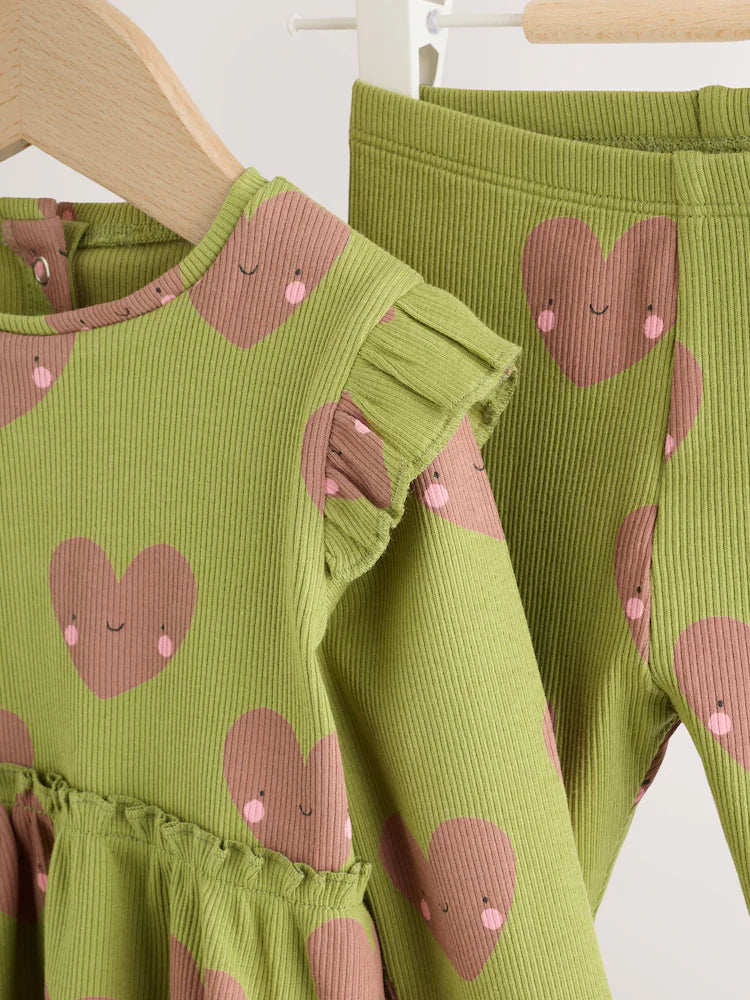 |BabyGirl| Conjunto de Bebê com Blusa Peplum e Legging (Estampa de Coração Verde) – 0 meses a 2 anos