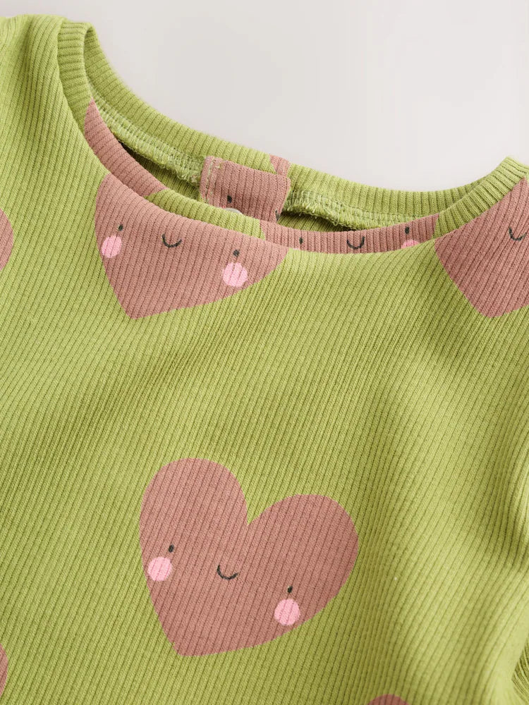|BabyGirl| Conjunto de Bebê com Blusa Peplum e Legging (Estampa de Coração Verde) – 0 meses a 2 anos
