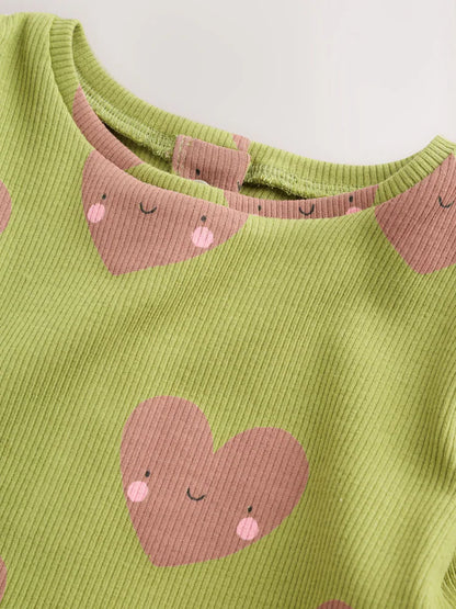 |BabyGirl| Conjunto de Bebê com Blusa Peplum e Legging (Estampa de Coração Verde) – 0 meses a 2 anos