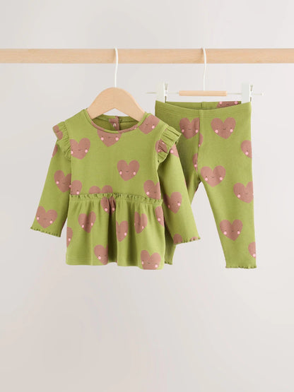 |BabyGirl| Conjunto de Bebê com Blusa Peplum e Legging (Estampa de Coração Verde) – 0 meses a 2 anos
