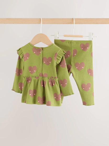 |BabyGirl| Conjunto de Bebê com Blusa Peplum e Legging (Estampa de Coração Verde) – 0 meses a 2 anos