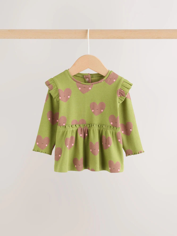 |BabyGirl| Conjunto de Bebê com Blusa Peplum e Legging (Estampa de Coração Verde) – 0 meses a 2 anos