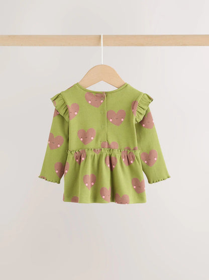 |BabyGirl| Conjunto de Bebê com Blusa Peplum e Legging (Estampa de Coração Verde) – 0 meses a 2 anos