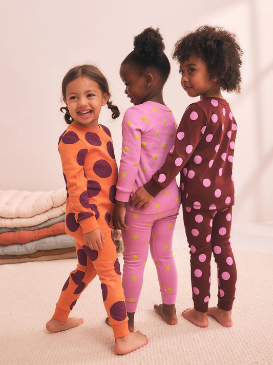 |Girl| Kit com 3 Pijamas Confortáveis com Estampa de Bolinhas Roxas e Laranjas (9 meses a 12 anos)